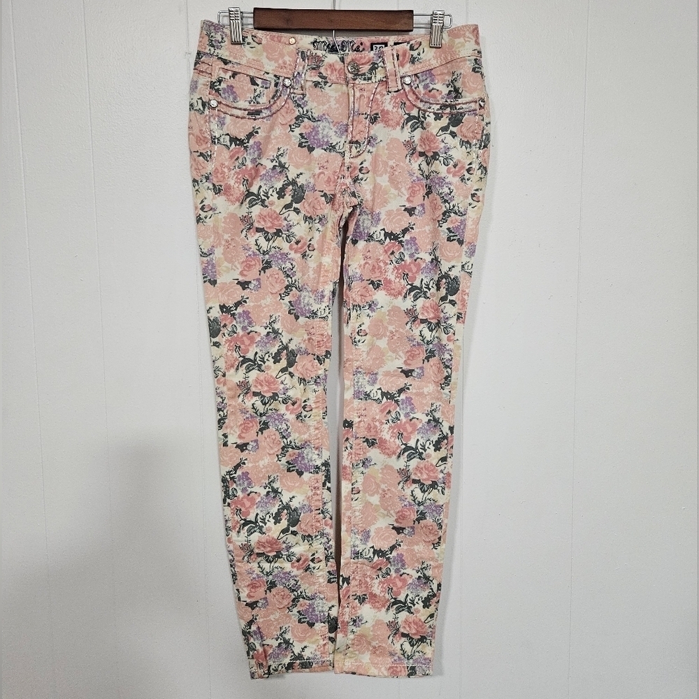 Miss Me Jeans Cargo Women's Pink Floral Print Cuff Skinny Jeans